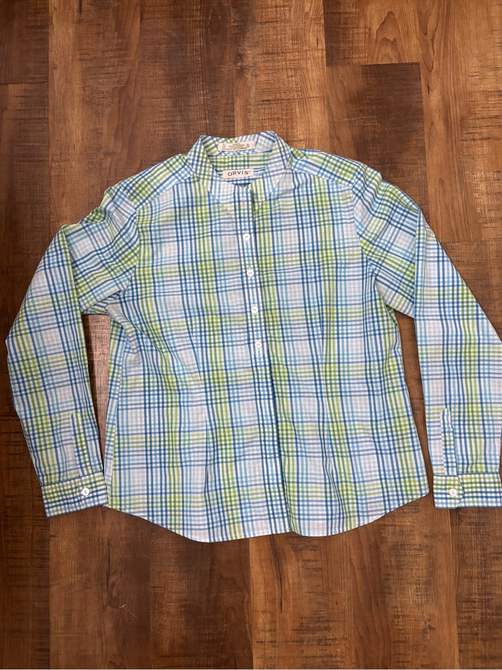 Orvis Carefree Shirt Women's 10 Blue White Green Poly Cotton Long Sleeve Top